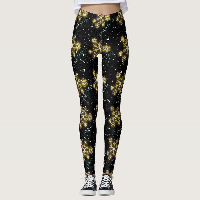 Golden Snowflakes with Christmas in Green on BLACK Leggings (Front)