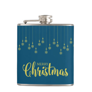 Golden Snowflakes with  Christmas Quote in Blue Hip Flask