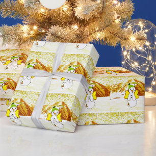 Golden Snowman Angel Wrapping Paper