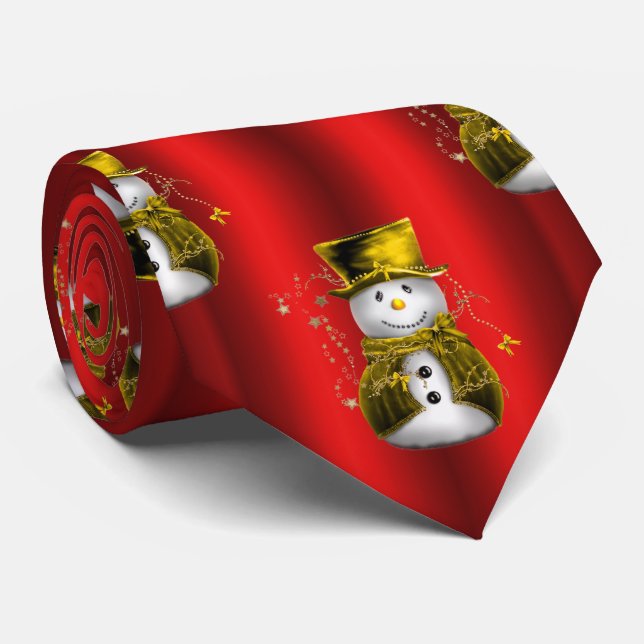 Golden Snowmen on Red Tie (Rolled)