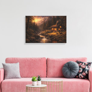 "Golden Solitude: Mountain Cabin Impasto-Style  Canvas Print