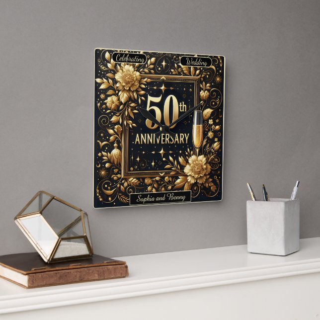 Golden Sparkle: 50 Years of Love Square Wall Clock (Office)