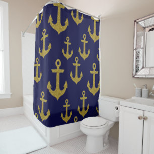 Golden Sparkle Anchor Navy Blue Sailing Glitter Shower Curtain