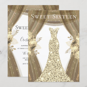Golden Sparkle Dress & Flowers Sweet 16 Party Invitation