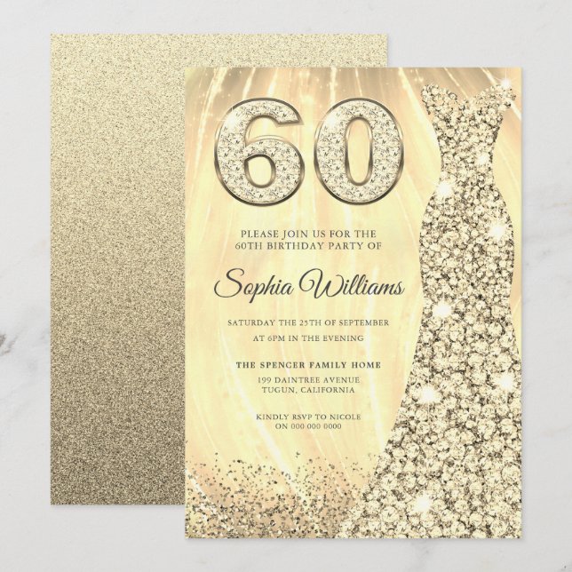 Golden Sparkle Dress Womans 60th Birthday Party  Invitation (Front/Back)