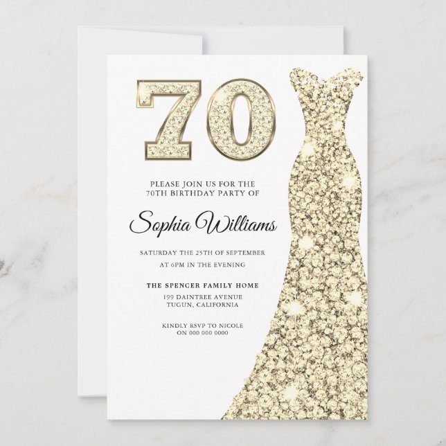 Golden Sparkle Dress Womans 70th Birthday Party Invitation (Front)