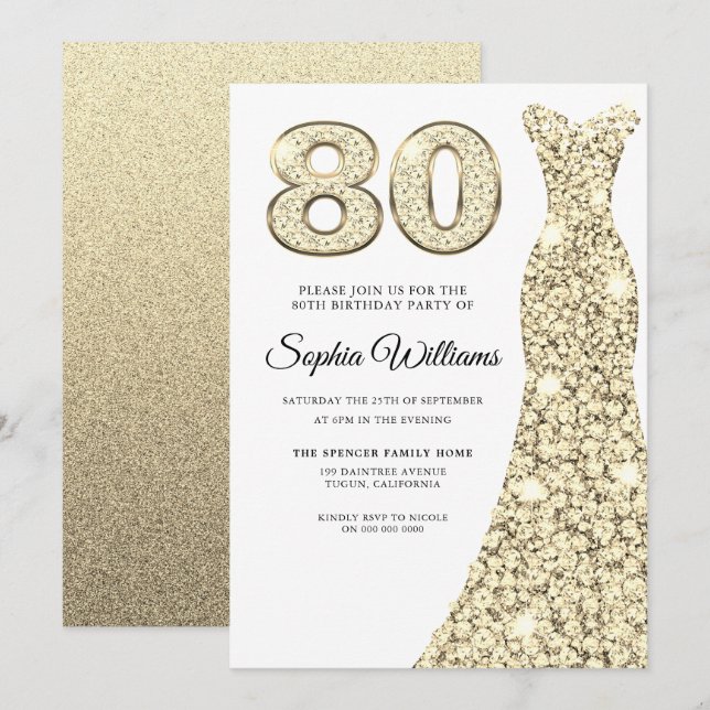 Golden Sparkle Dress Womans 80th Birthday Party Invitation (Front/Back)