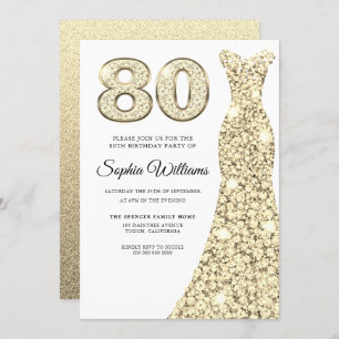 Golden Sparkle Dress Womans 80th Birthday Party Invitation