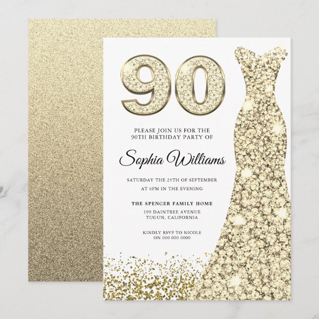 Golden Sparkle Dress Womans 90th Birthday Party Invitation (Front/Back)