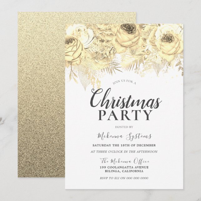 Golden Sparkle Flowers Corporate Christmas Party Invitation (Front/Back)