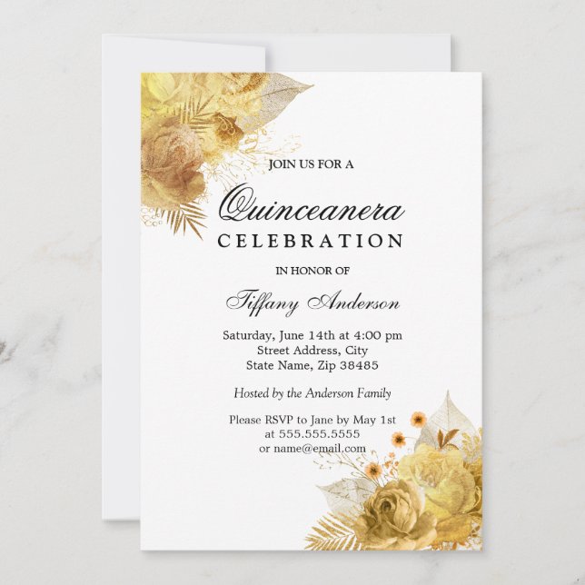 Golden Sparkle Flowers Quinceanera Party Invite (Front)