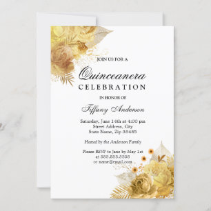 Golden Sparkle Flowers Quinceanera Party Invite