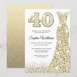Golden Sparkle Glitter Dress 40th Birthday Party Invitation