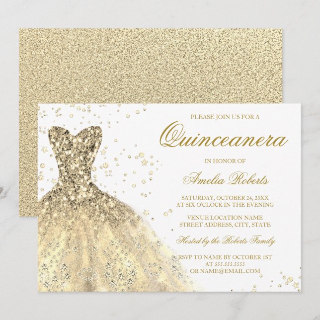 Golden Sparkle Glitter Dress Quinceanera Party Invitation (Front/Back)
