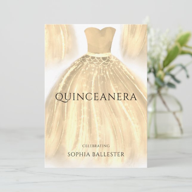 Golden Sparkle Mermaid Dress Quinceanera Party Invitation (Standing Front)