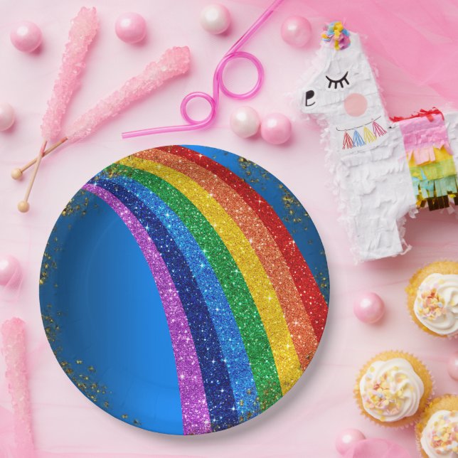 Golden Sparkles and Glitter Rainbow Unicorn Blue Paper Plate (Party)