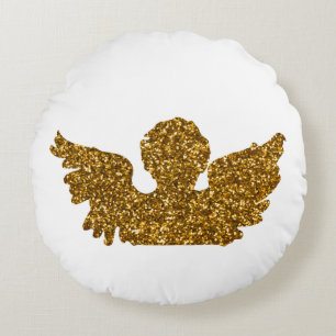 Golden Sparkling Christmas Angel  Round Cushion