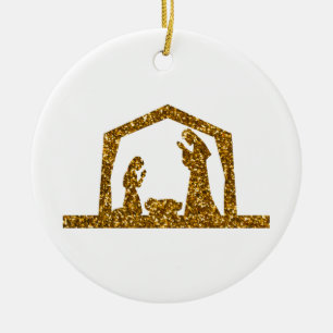 Golden Sparkling Christmas Nativity Scene Ceramic Tree Decoration