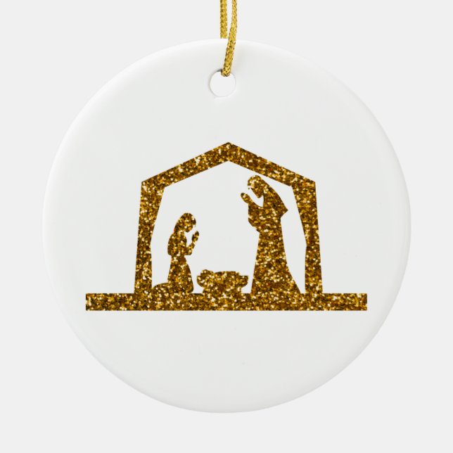 Golden Sparkling Christmas Nativity Scene Ceramic Tree Decoration (Front)