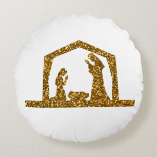Golden Sparkling Christmas Nativity Scene Round Cushion