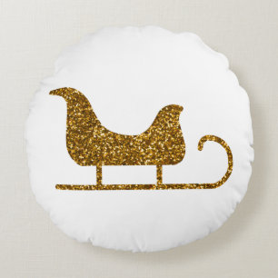 Golden Sparkling Christmas Santa's Sleigh Round Cushion