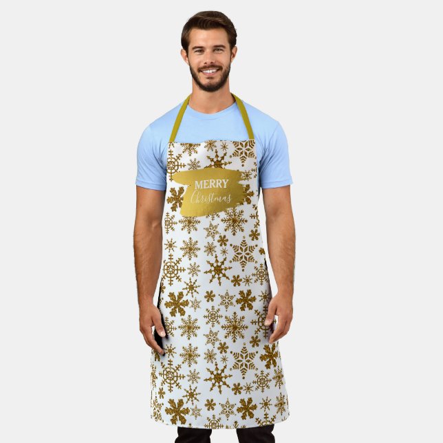 Golden Sparkling Snowflakes Merry Christmas Apron (Worn)