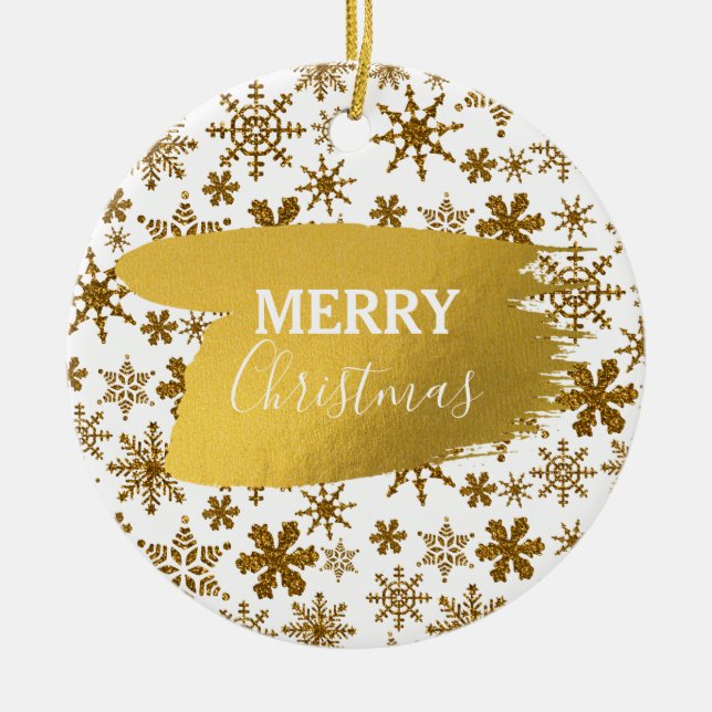 Golden Sparkling Snowflakes Merry Christmas Ceramic Tree Decoration (Front)