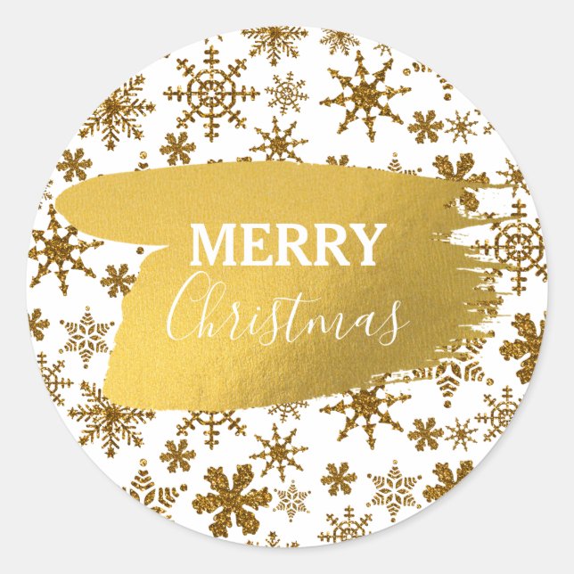 Golden Sparkling Snowflakes Merry Christmas Classic Round Sticker (Front)
