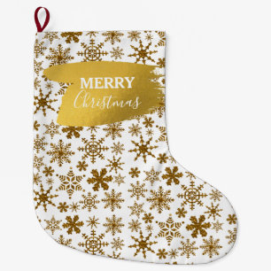Golden Sparkling Snowflakes Merry Christmas Large Christmas Stocking