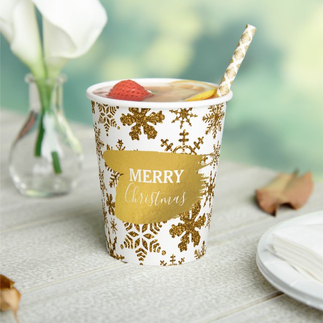 Golden Sparkling Snowflakes Merry Christmas Paper Cups (Insitu)
