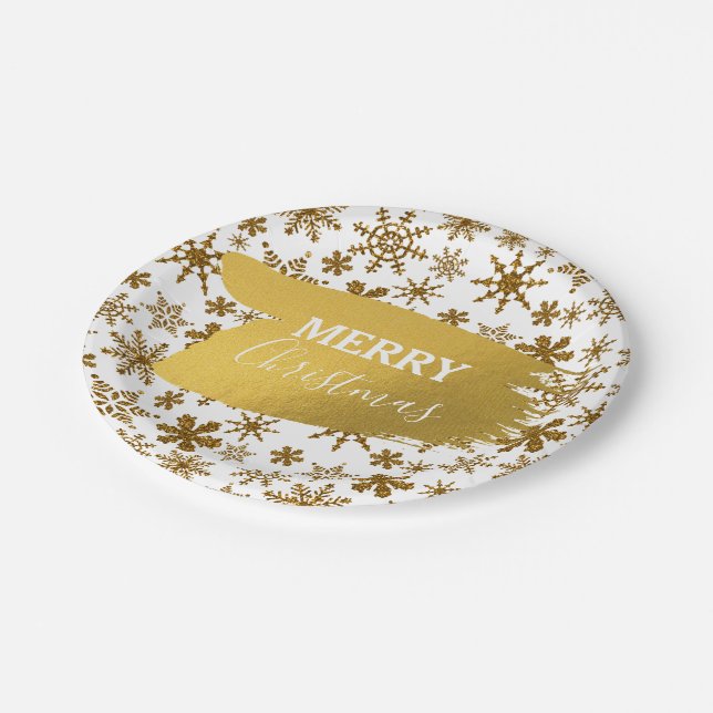 Golden Sparkling Snowflakes Merry Christmas Paper Plate (Angled)