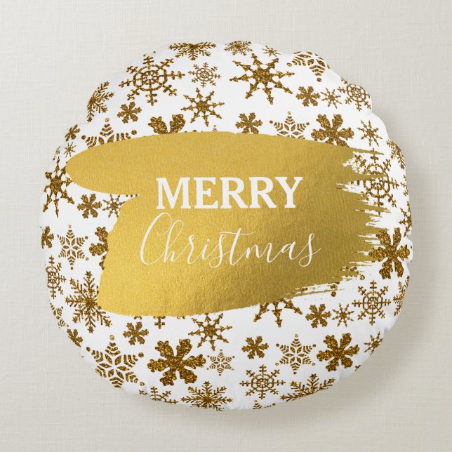 Golden Sparkling Snowflakes Merry Christmas  Round Cushion (Front)