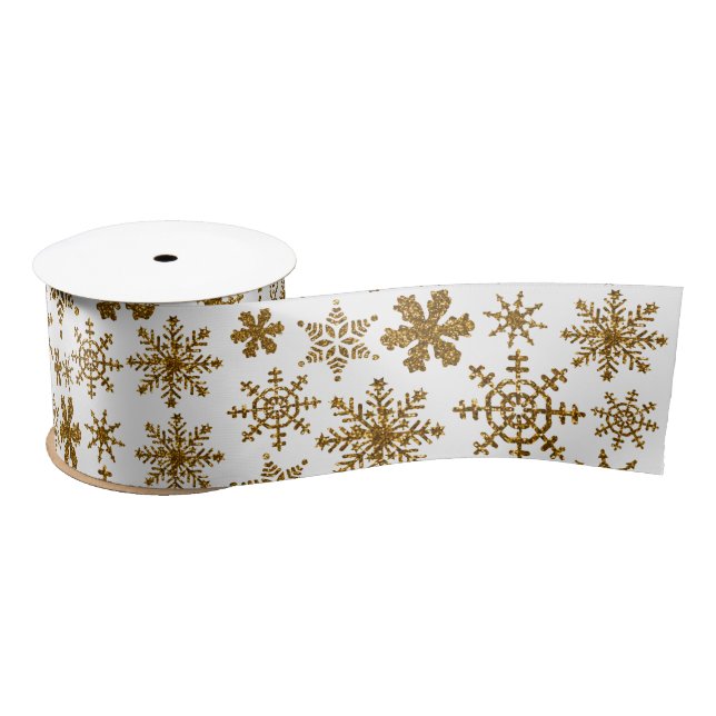 Golden Sparkling Snowflakes Merry Christmas Satin Ribbon (Spool)