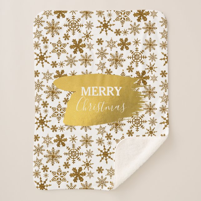 Golden Sparkling Snowflakes Merry Christmas Sherpa Blanket (Front)