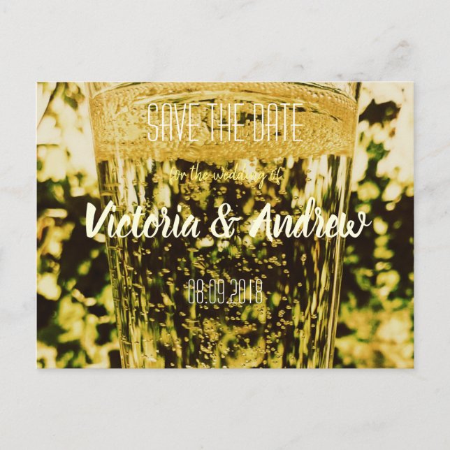 Golden Sparkling Wine Glass Save the Date Postcard (Front)