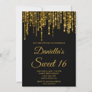 Golden Sparkly String Lights Black Sweet 16 Invitation