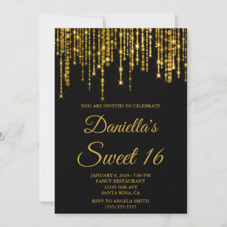 Golden Sparkly String Lights Black Sweet 16 Invitation