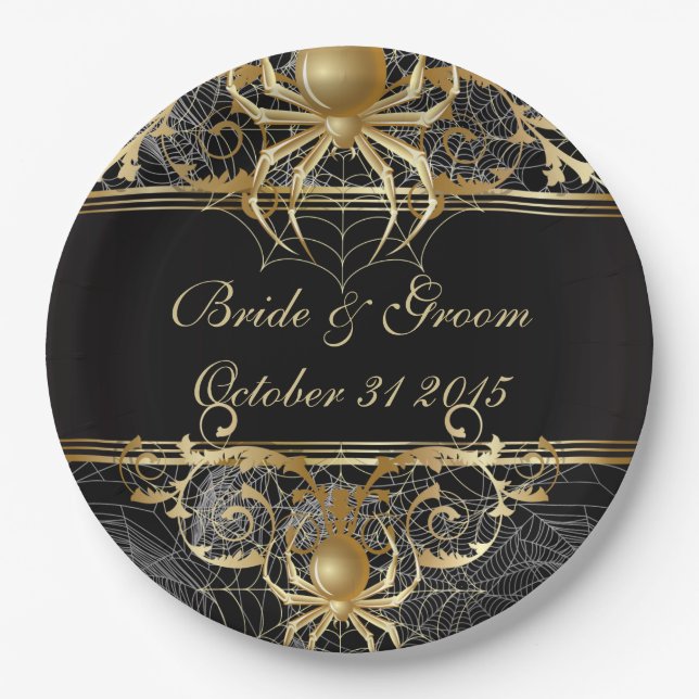 Golden Spider Halloween  or Wedding Party Plates (Front)