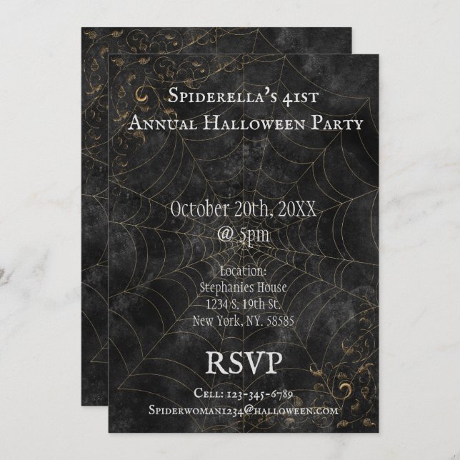 Golden Spider Web Fancy Halloween Party Invitation (Front/Back)