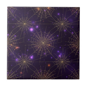 Golden Spiderweb Bokeh – Elegant Halloween Web (2) Tile
