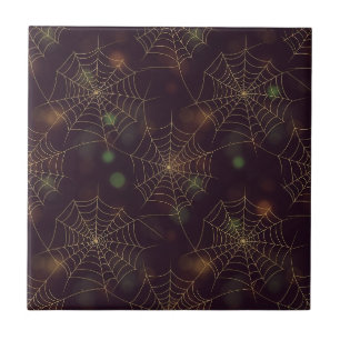 Golden Spiderweb Bokeh – Elegant Halloween Web (3) Tile