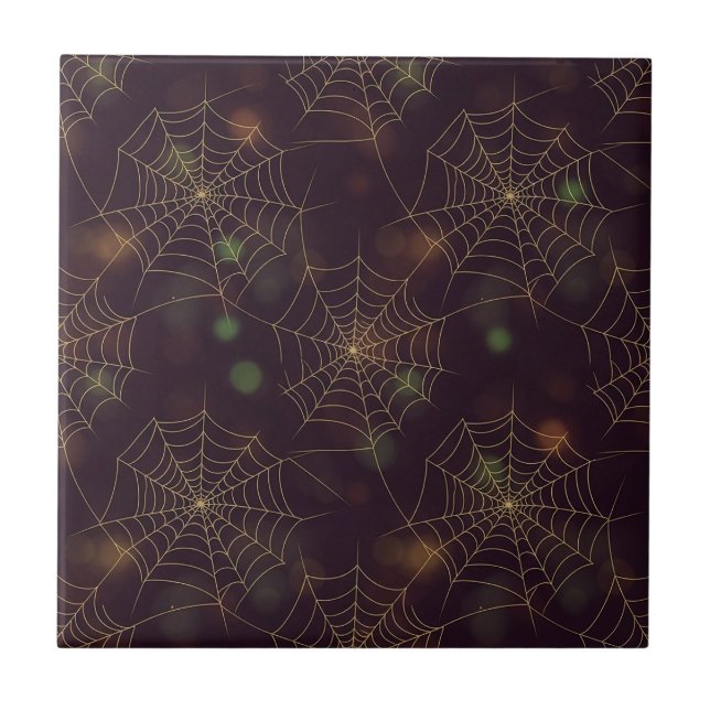 Golden Spiderweb Bokeh – Elegant Halloween Web (3) Tile (Front)