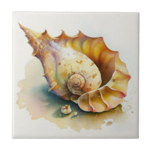 Golden Spiral Seashell Watercolor Tile