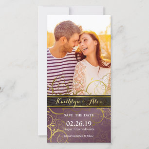 Golden Spiral Vines Purple Elegant Classy Photo Save The Date