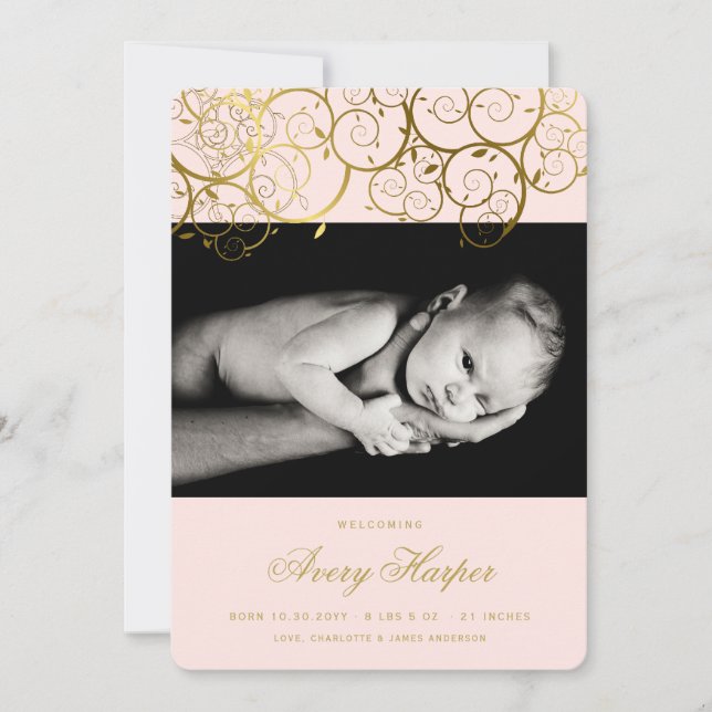 Golden Spirals Baby Girl Photo Birth Announcement (Front)