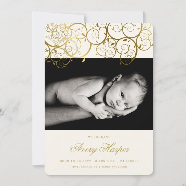 Golden Spirals New Baby Photo Birth Announcement (Front)