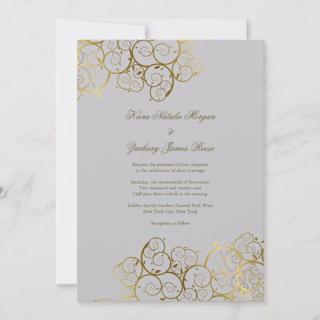 Golden Spirals Vine Classy Light Grey Wedding Invitation (Front)