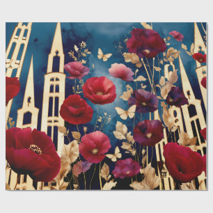 Golden Spires and Crimson Blooms Wrapping Paper