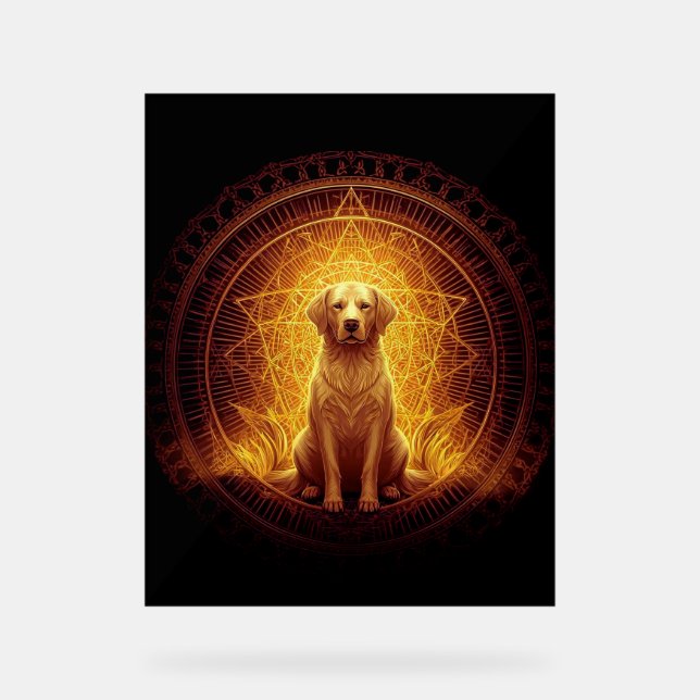 Golden Spirit Dog within Sacred Geometry Acrylic Sign (Front)