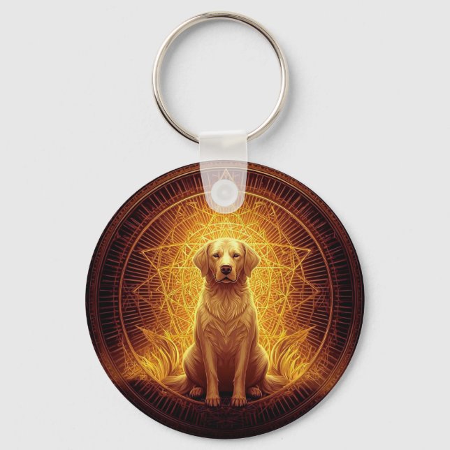 Golden Spirit Dog within Sacred Geometry Key Ring (Front)